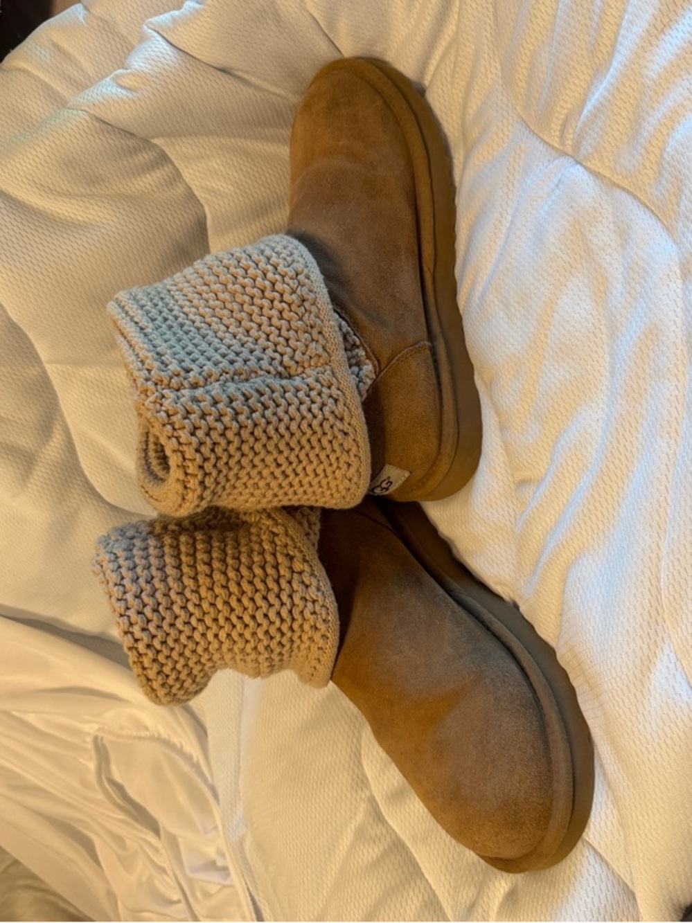 UGG Fold-Over Knit Suede Ankle Boots in Camel - Picture 4 of 5